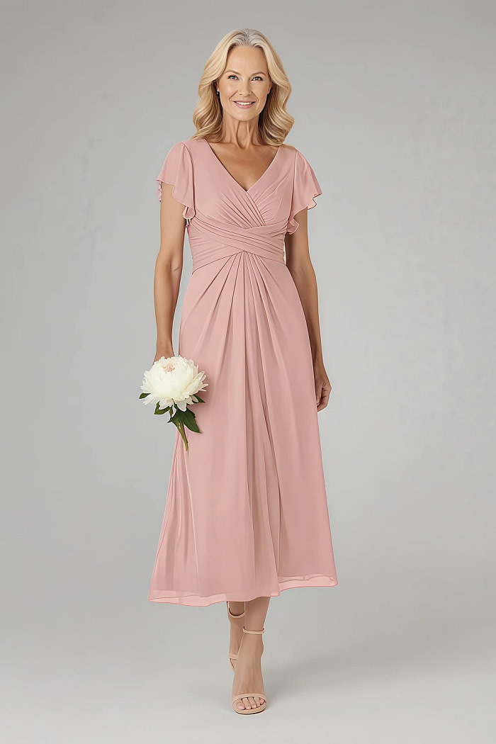 Akaks Adeline Rosette Mother Of The Bride Dress A-Line V-Neck Tea Length Ruffles Cap Sleeves Pleated Chiffon Dress Image392912