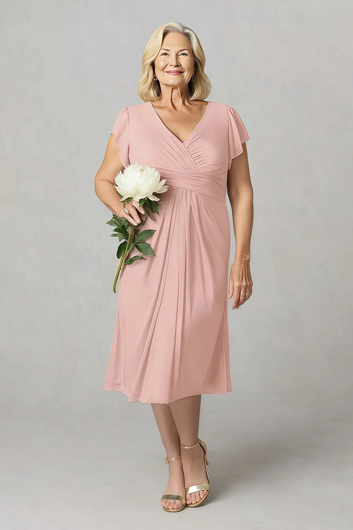 Akaks Adeline Rosette Mother Of The Bride Dress A-Line V-Neck Tea Length Ruffles Cap Sleeves Pleated Chiffon Dress Image594658