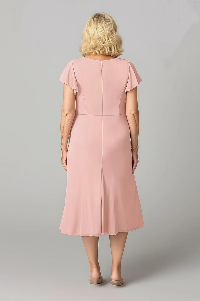 Akaks Adeline Rosette Mother Of The Bride Dress A-Line V-Neck Tea Length Ruffles Cap Sleeves Pleated Chiffon Dress Image662458