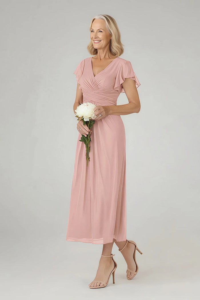 Akaks Adeline Rosette Mother Of The Bride Dress A-Line V-Neck Tea Length Ruffles Cap Sleeves Pleated Chiffon Dress Image960996