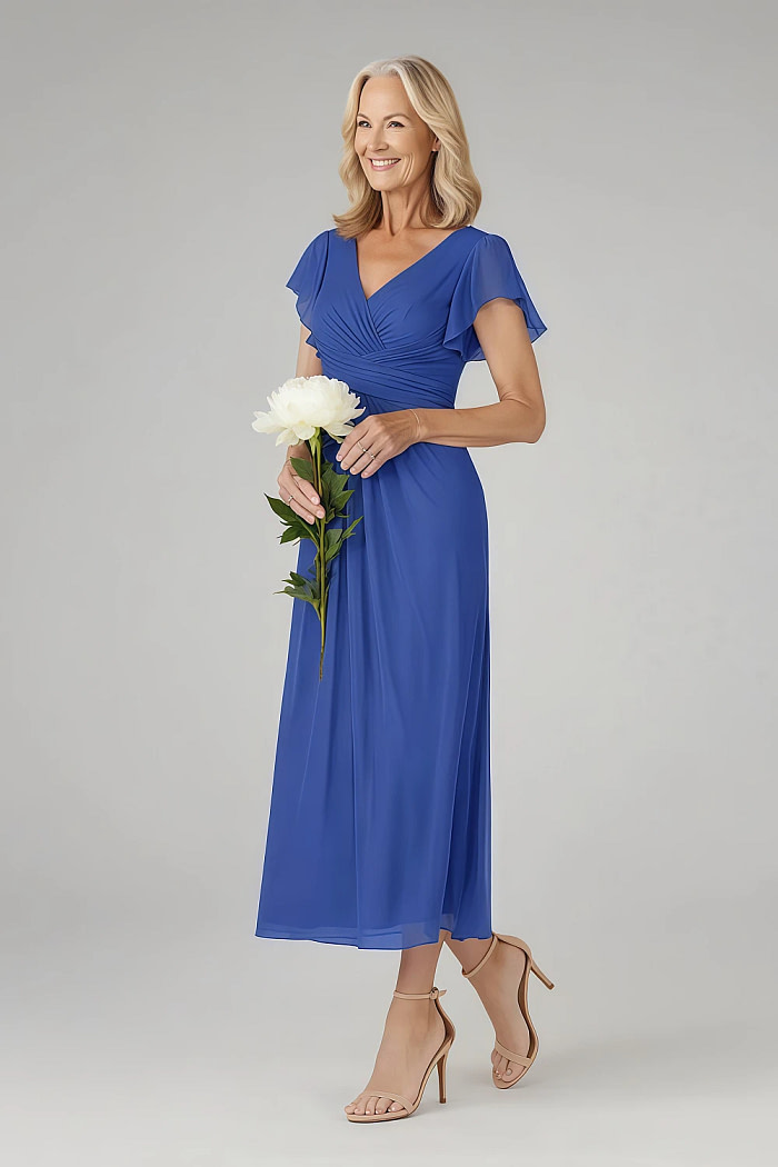 Akaks Adeline Royal Blue Dresses For Mother Of The Bride A-Line V-Neck Tea Length Ruffles Cap Sleeves Pleated Chiffon Dress Image416778