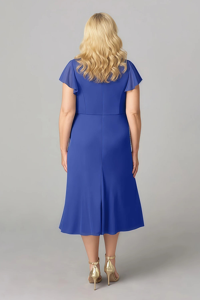 Akaks Adeline Royal Blue Dresses For Mother Of The Bride A-Line V-Neck Tea Length Ruffles Cap Sleeves Pleated Chiffon Dress Image739187