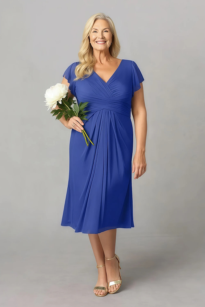 Akaks Adeline Royal Blue Dresses For Mother Of The Bride A-Line V-Neck Tea Length Ruffles Cap Sleeves Pleated Chiffon Dress Image939788