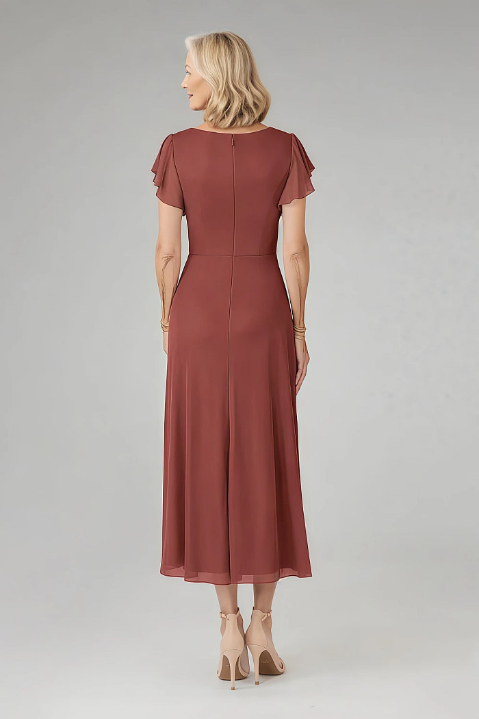 Akaks Adeline Rust Colored Mother Of The Bride Dress A-Line V-Neck Tea Length Ruffles Cap Sleeves Pleated Chiffon Dress Image282541