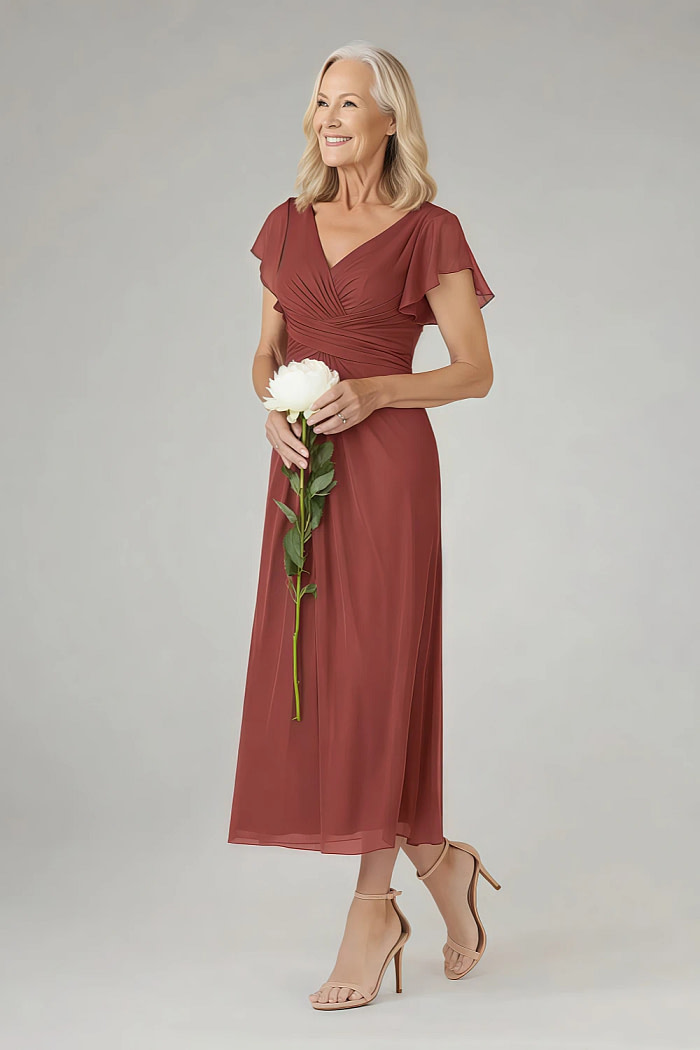 Akaks Adeline Rust Colored Mother Of The Bride Dress A-Line V-Neck Tea Length Ruffles Cap Sleeves Pleated Chiffon Dress Image414876