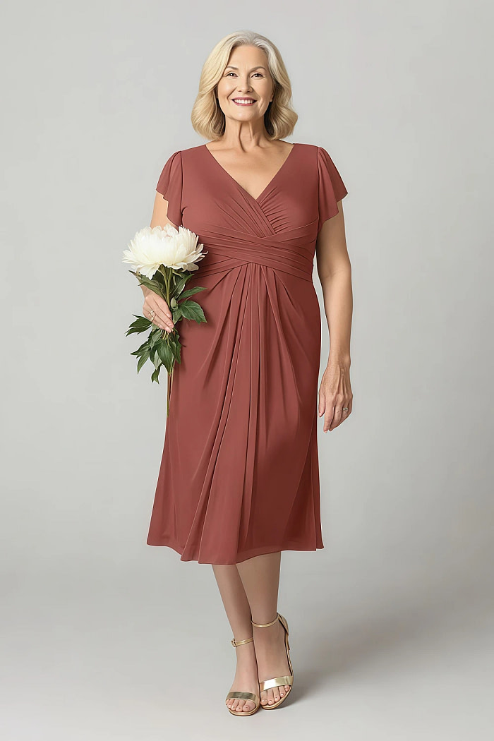 Akaks Adeline Rust Colored Mother Of The Bride Dress A-Line V-Neck Tea Length Ruffles Cap Sleeves Pleated Chiffon Dress Image808833