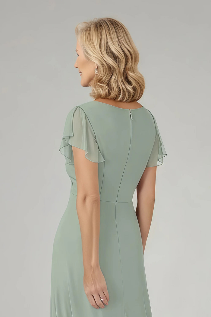 Akaks Adeline Sage Green Mother Of The Groom Dress A-Line V-Neck Tea Length Ruffles Cap Sleeves Pleated Chiffon Dress Image419433