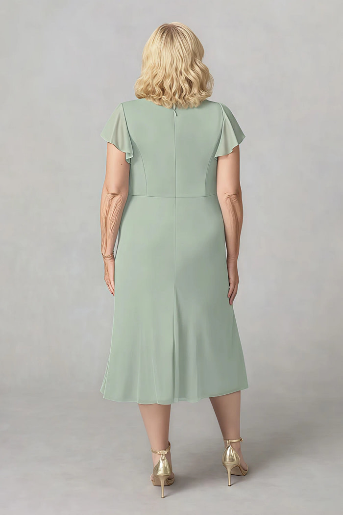 Akaks Adeline Sage Green Mother Of The Groom Dress A-Line V-Neck Tea Length Ruffles Cap Sleeves Pleated Chiffon Dress Image666135