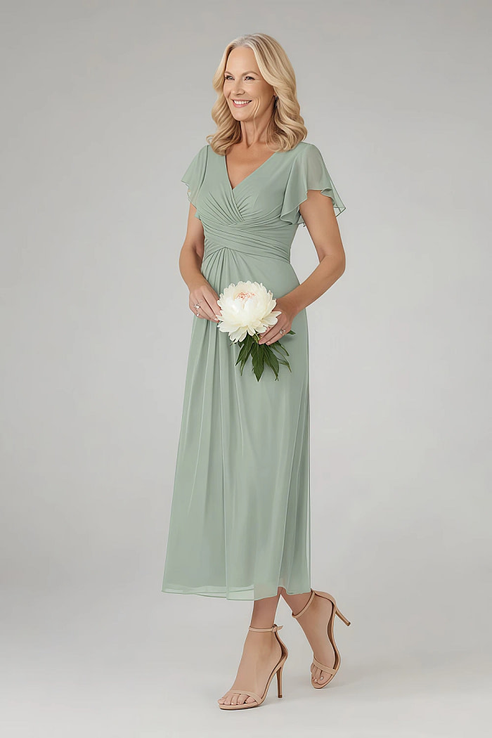 Akaks Adeline Sage Green Mother Of The Groom Dress A-Line V-Neck Tea Length Ruffles Cap Sleeves Pleated Chiffon Dress Image757772