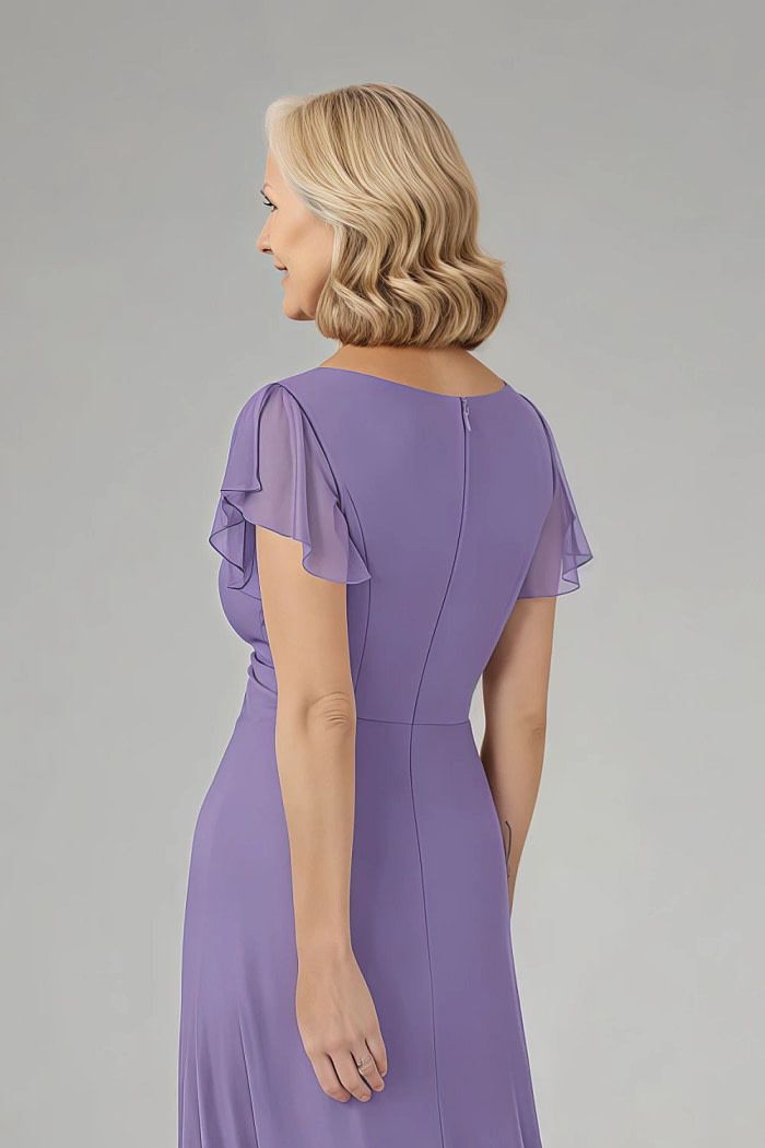 Akaks Adeline Tahiti Mother Of The Bride Dresses In Chiffon A-Line V-Neck Tea Length Ruffles Cap Sleeves Pleated Dress Image453375