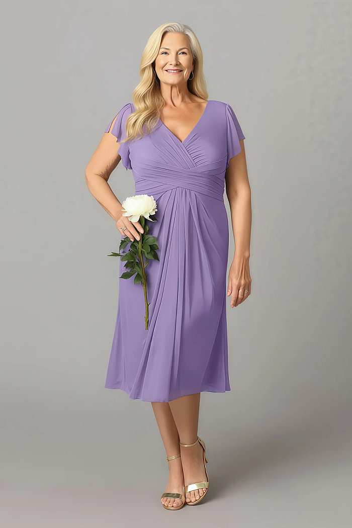 Akaks Adeline Tahiti Mother Of The Bride Dresses In Chiffon A-Line V-Neck Tea Length Ruffles Cap Sleeves Pleated Dress Image508394
