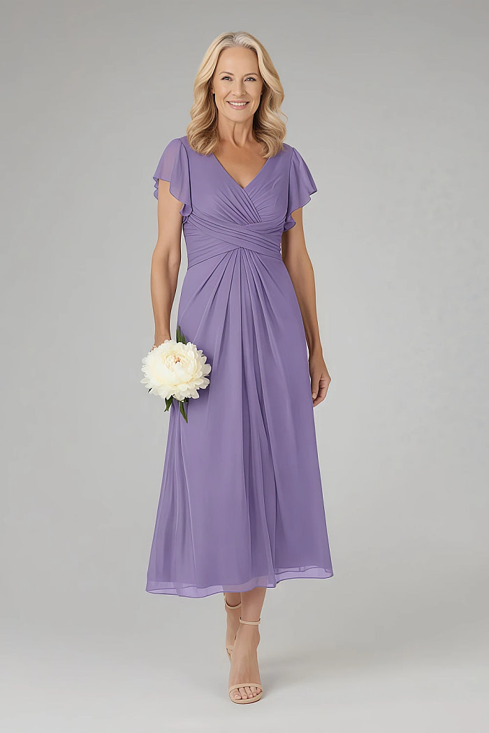 Akaks Adeline Tahiti Mother Of The Bride Dresses In Chiffon A-Line V-Neck Tea Length Ruffles Cap Sleeves Pleated Dress Image841246