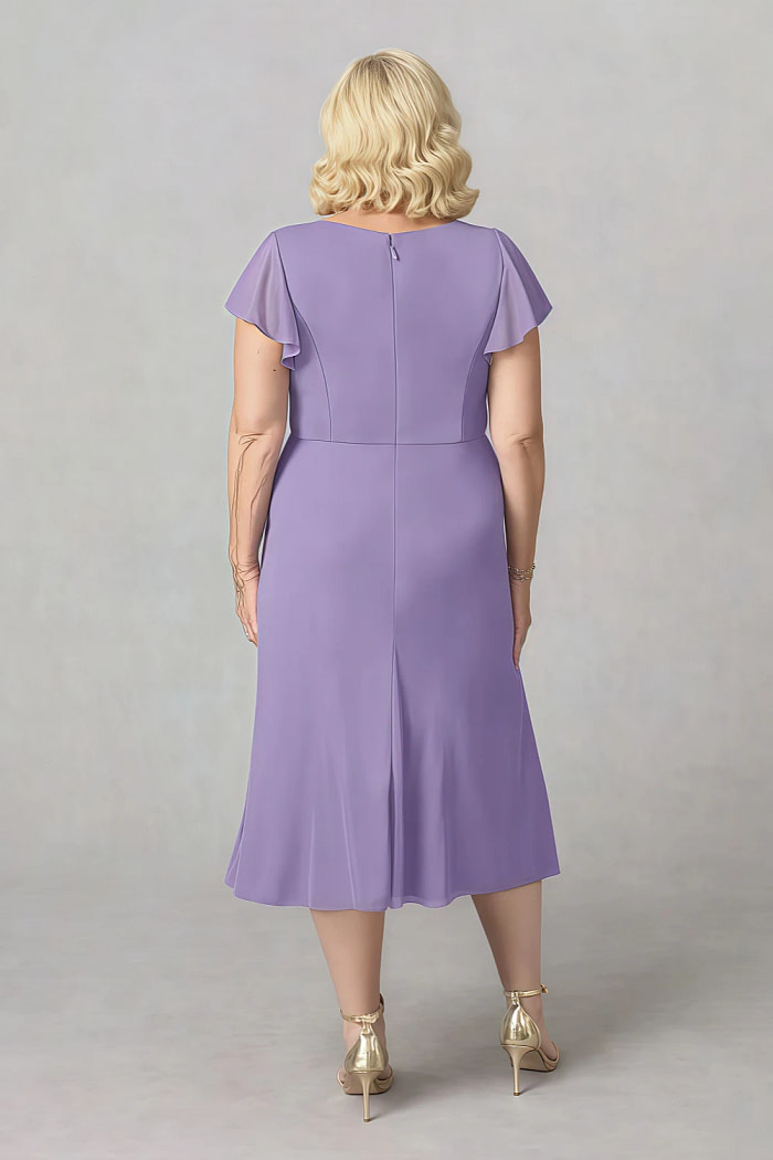 Akaks Adeline Tahiti Mother Of The Bride Dresses In Chiffon A-Line V-Neck Tea Length Ruffles Cap Sleeves Pleated Dress Image895528