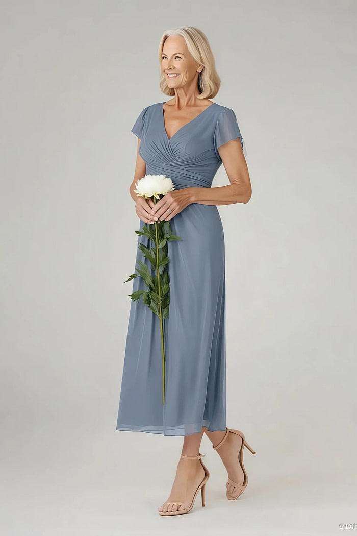 Akaks Adeline Twilight Mother Of The Groom Dresses Tea Length A-Line V-Neck Ruffles Cap Sleeves Pleated Chiffon Dress Image437546