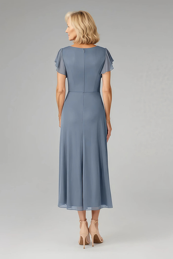Akaks Adeline Twilight Mother Of The Groom Dresses Tea Length A-Line V-Neck Ruffles Cap Sleeves Pleated Chiffon Dress Image454968