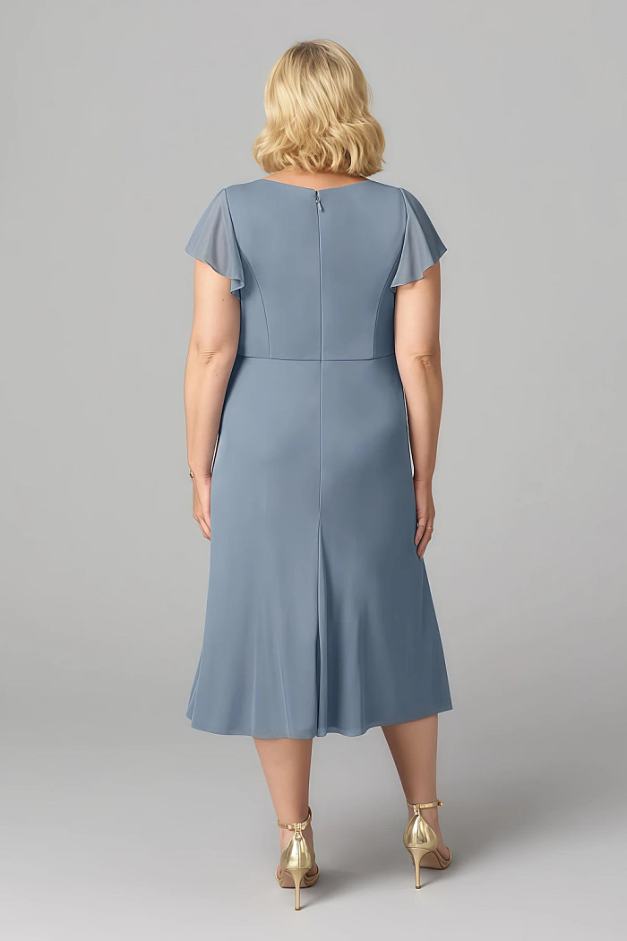 Akaks Adeline Twilight Mother Of The Groom Dresses Tea Length A-Line V-Neck Ruffles Cap Sleeves Pleated Chiffon Dress Image929117