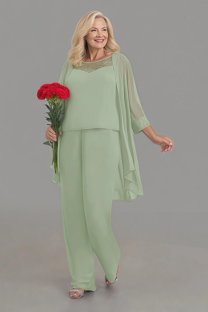 Akaks Adriana Dusty Sage Green Mother Of The Bride Dress Scoop Neck Pant Suit Sequins Chiffon Dress Image481548