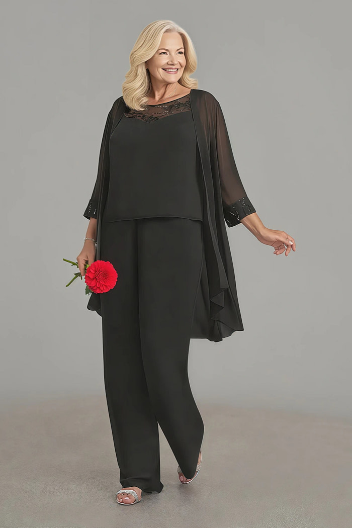 Akaks Adriana Elegant Black Mother Of The Bride Dresses Pant Suits Scoop Neck Sequins Chiffon Dress Image261393