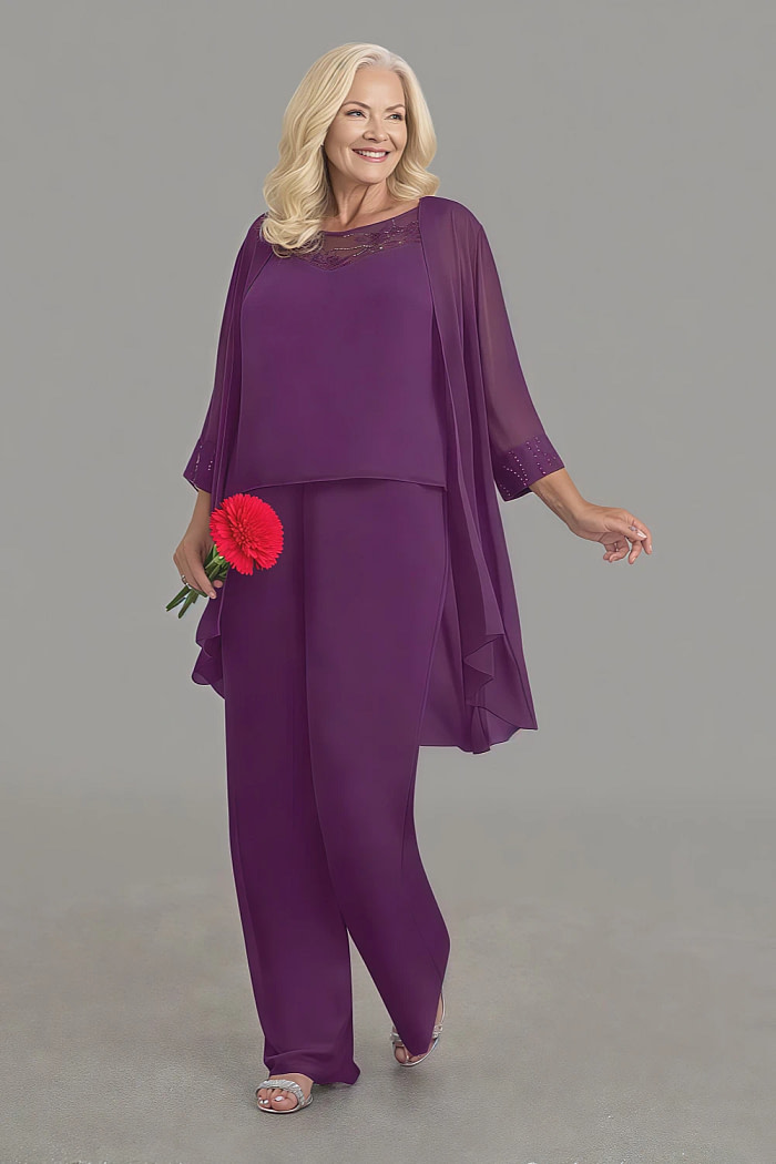 Akaks Adriana Grape Colored Mother Of The Bride Dresses Pant Suits Scoop Neck Sequins Chiffon Dress Image128668