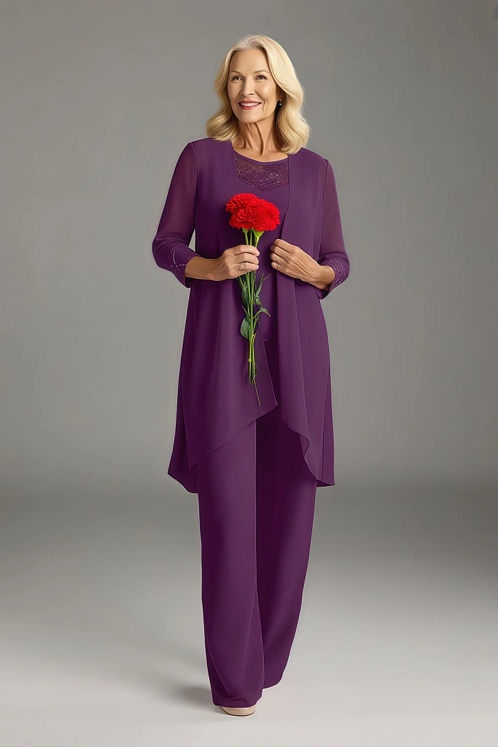 Akaks Adriana Grape Colored Mother Of The Bride Dresses Pant Suits Scoop Neck Sequins Chiffon Dress Image732324