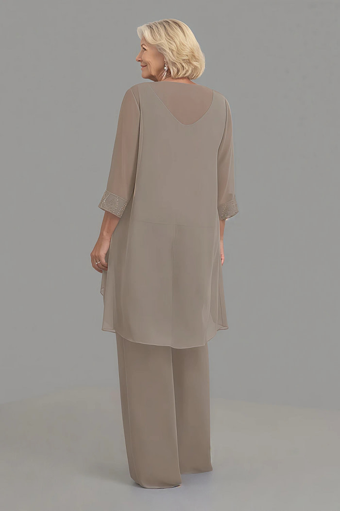 Akaks Adriana Mother Of The Bride Taupe Dress Pant Suits Scoop Neck Sequins Chiffon Dress Image685099