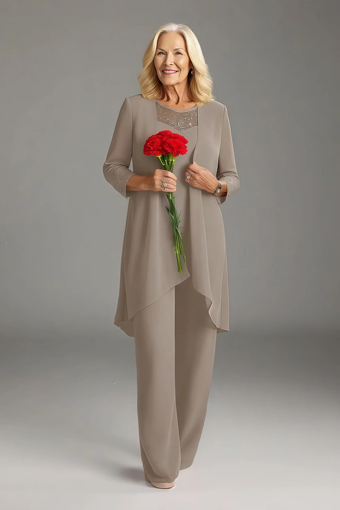 Akaks Adriana Mother Of The Bride Taupe Dress Pant Suits Scoop Neck Sequins Chiffon Dress Image775650