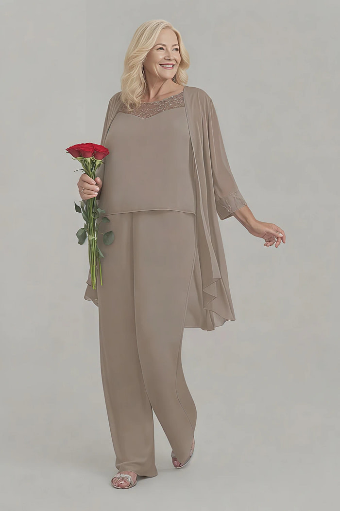 Akaks Adriana Mother Of The Bride Taupe Dress Pant Suits Scoop Neck Sequins Chiffon Dress Image789013