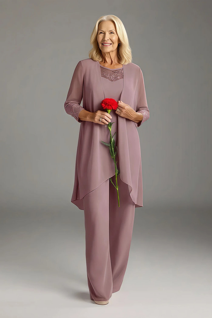 Akaks Adriana Mother Of The Groom Dresses Dusty Rose Pant Suits Scoop Neck Sequins Chiffon Dress Image337180