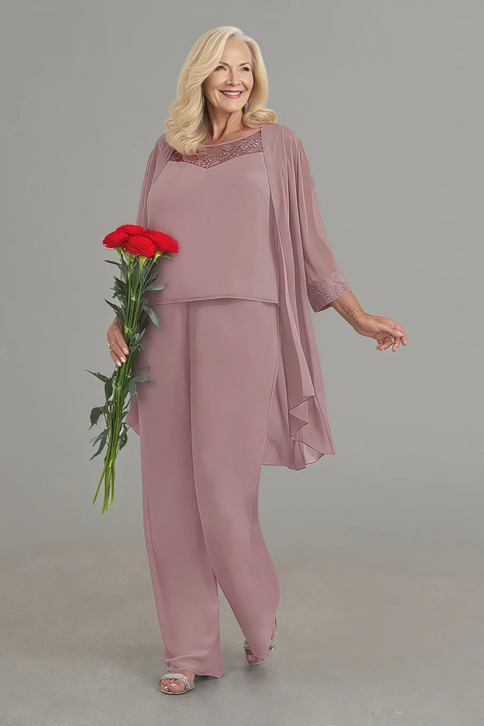 Akaks Adriana Mother Of The Groom Dresses Dusty Rose Pant Suits Scoop Neck Sequins Chiffon Dress Image778076