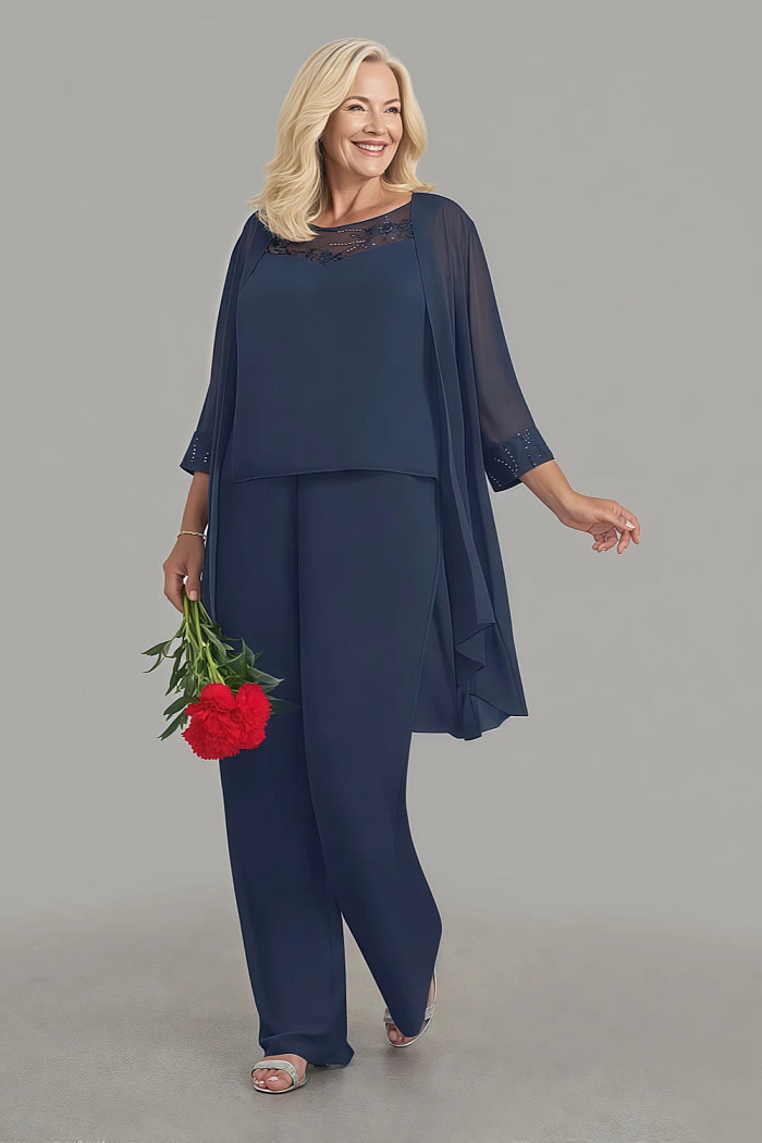 Akaks Adriana Navy Blue Mother Of The Groom Dresses Pant Suits Scoop Neck Sequins Chiffon Dress Image105185