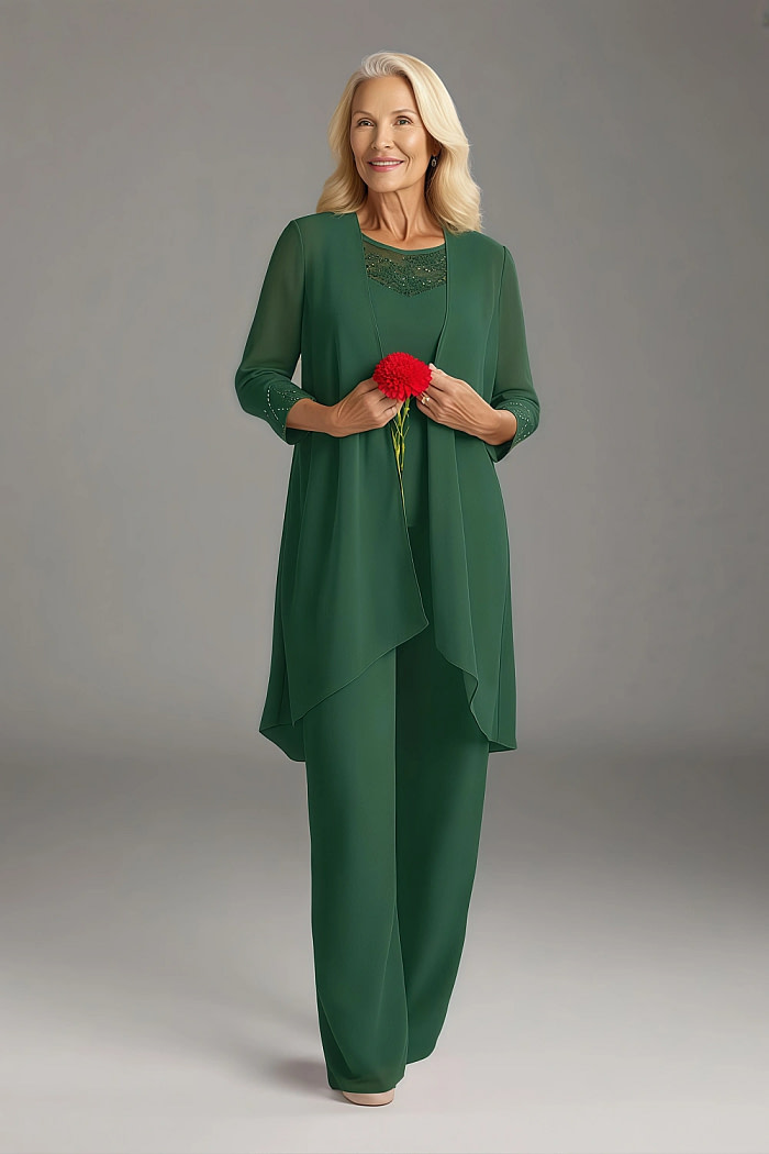 Akaks Adriana Pant Suits Mother Of The Bride Dark Green Dresses Scoop Neck Sequins Chiffon Dress Image831354
