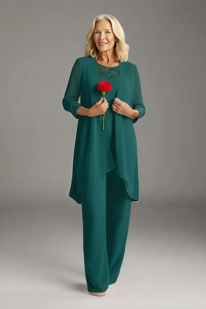 Akaks Adriana Pant Suits Mother Of The Bride Peacock Color Dress Scoop Neck Sequins Chiffon Dress Image150441