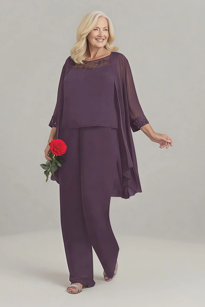 Akaks Adriana Plum Colored Dresses For Mother Of The Bride Pant Suits Scoop Neck Sequins Chiffon Dress Image460471