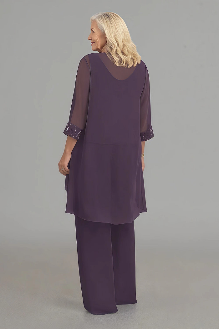 Akaks Adriana Plum Colored Dresses For Mother Of The Bride Pant Suits Scoop Neck Sequins Chiffon Dress Image778405