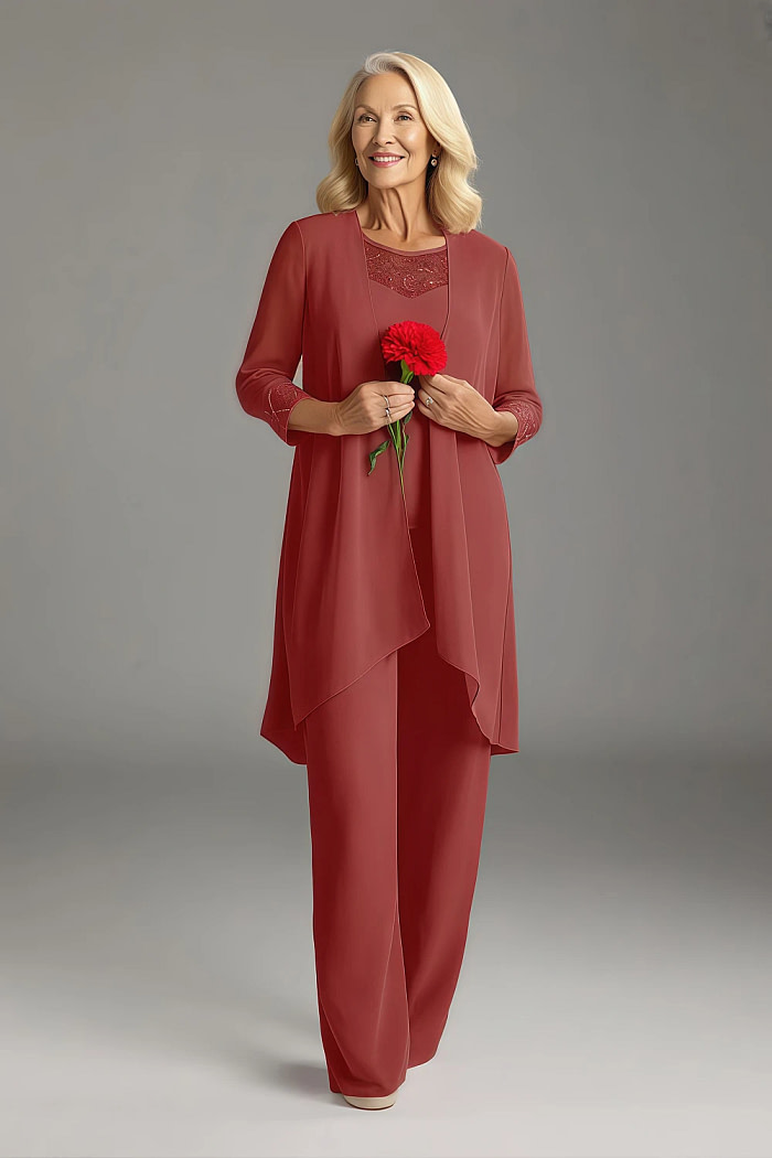 Akaks Adriana Rust Colored Mother Of The Bride Dresses Pant Suits Scoop Neck Sequins Chiffon Dress Image489227