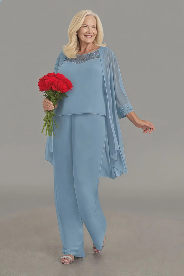 Akaks Adriana Steel Blue Mother Of The Groom Dresses Pant Suits Scoop Neck Sequins Chiffon Dress Image266065