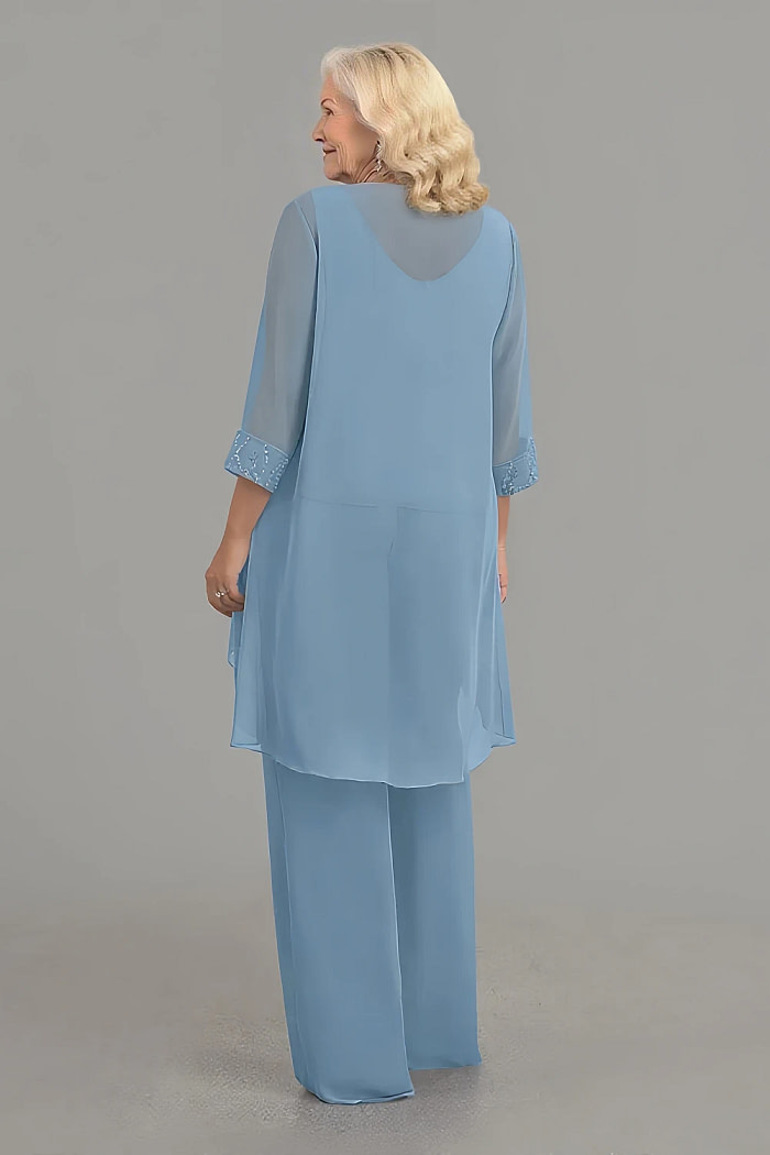 Akaks Adriana Steel Blue Mother Of The Groom Dresses Pant Suits Scoop Neck Sequins Chiffon Dress Image396221