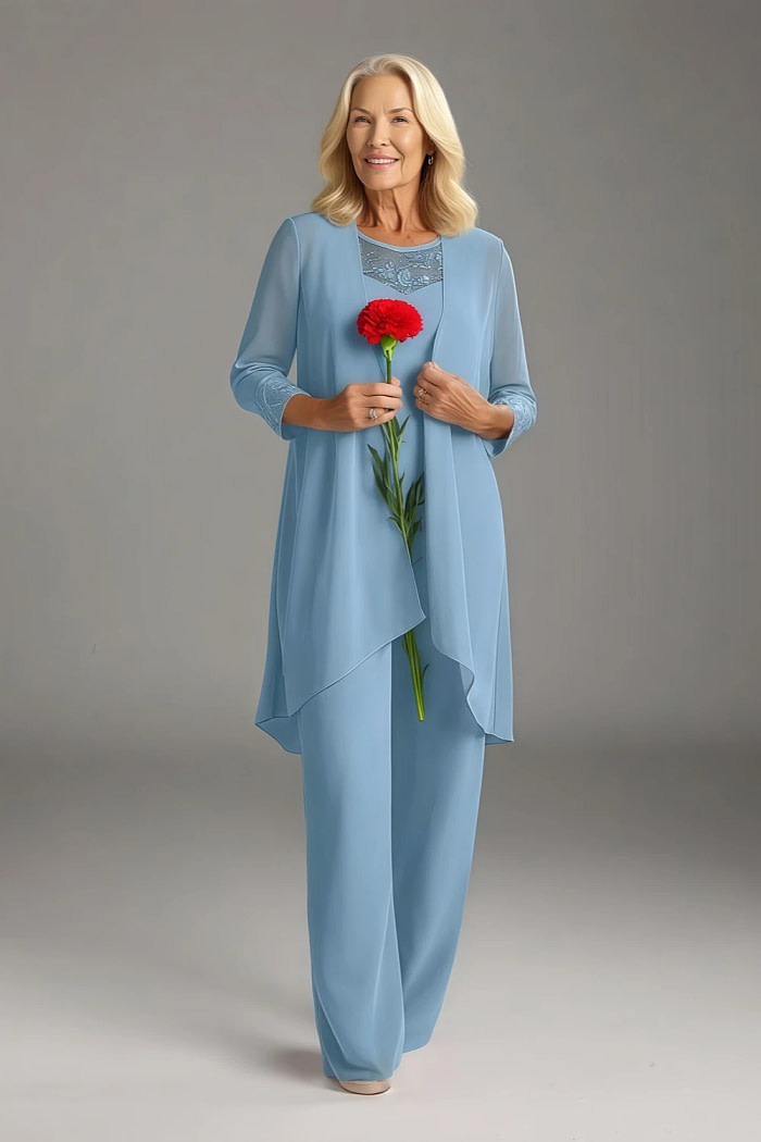 Akaks Adriana Steel Blue Mother Of The Groom Dresses Pant Suits Scoop Neck Sequins Chiffon Dress Image427338