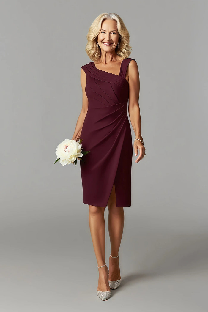 Akaks Agatha Cabernet Mother Of The Bride Dresses Sheath ​Asymmetrical Cap Sleeves Knee Length Stretch Crepe Dress Image153641