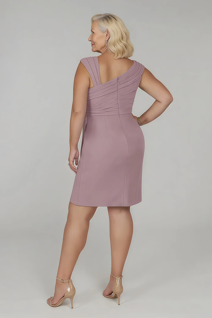 Akaks Agatha Dusty Rose Mother Of The Bride Dress Sheath ​Asymmetrical Cap Sleeves Knee Length Stretch Crepe Dress Image620484