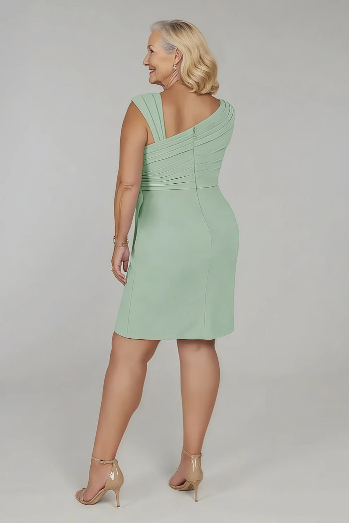 Akaks Agatha Dusty Sage Mother Of The Bride Dresses Sheath ​Asymmetrical Cap Sleeves Knee Length Stretch Crepe Dress Image421090