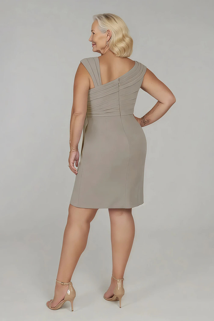Akaks Agatha Taupe Mother Of The Groom Dress Sheath Asymmetrical Cap Sleeves Knee Length Stretch Crepe Dress Image592160
