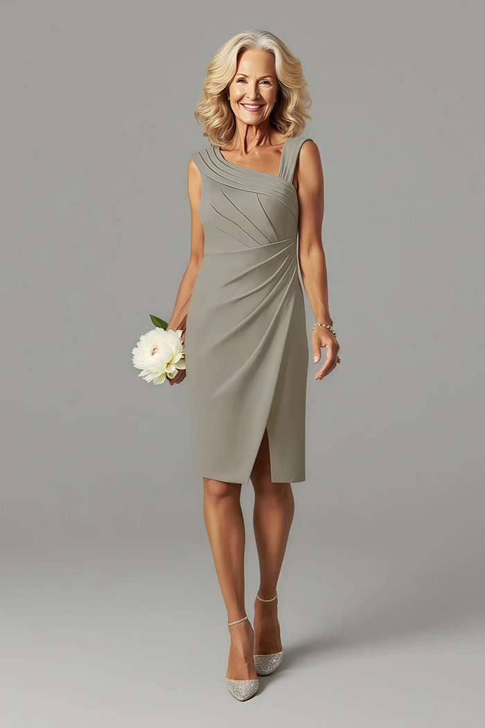 Akaks Agatha Taupe Mother Of The Groom Dress Sheath Asymmetrical Cap Sleeves Knee Length Stretch Crepe Dress Image992557