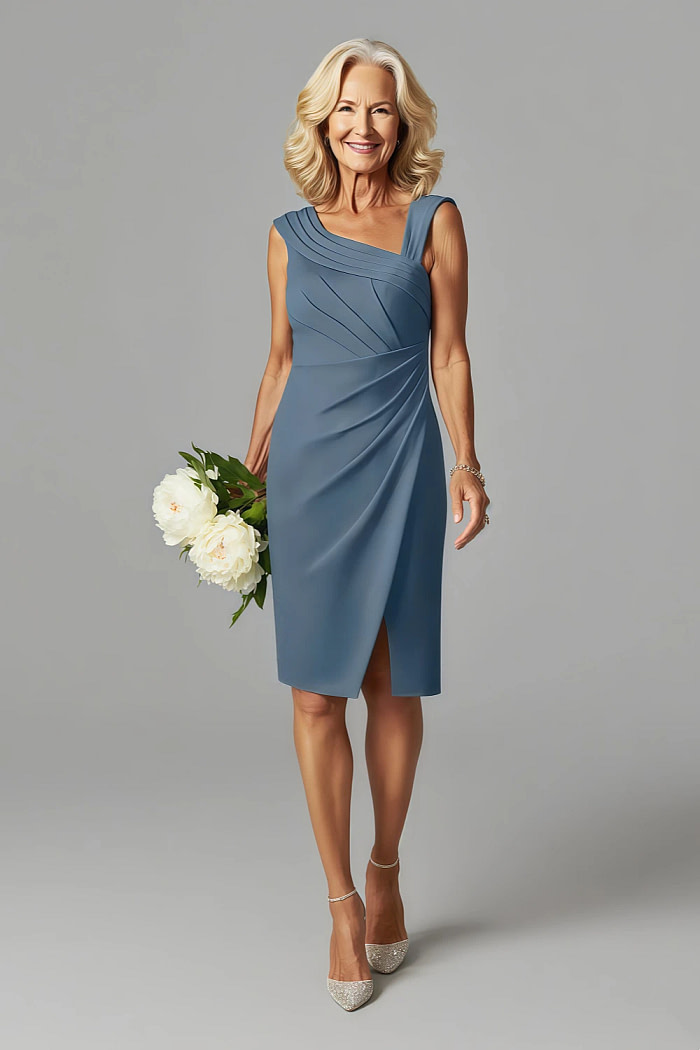 Akaks Agatha Twilight Plus Size Mother Of The Groom Dresses Sheath ​Asymmetrical Cap Sleeves Knee Length Stretch Crepe Dress Image509985