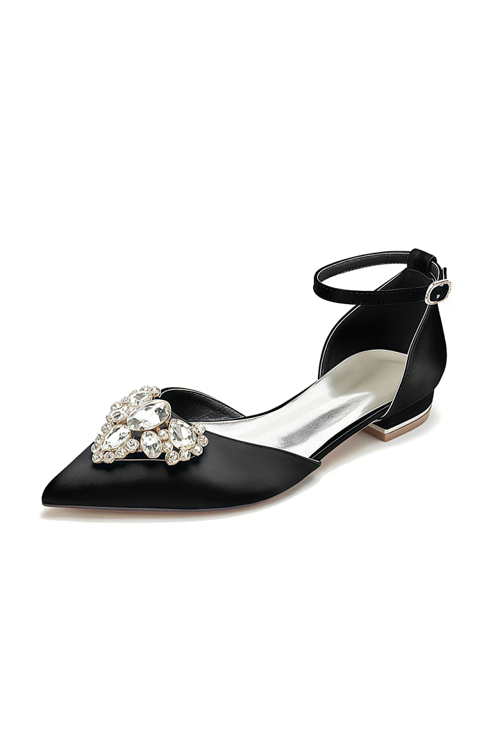 Akaks Ankle Strap Low Block Heels Vail Bridal Flats Black Satin With Sparkling Rhinestone And Pointed Toe​​ Image620515