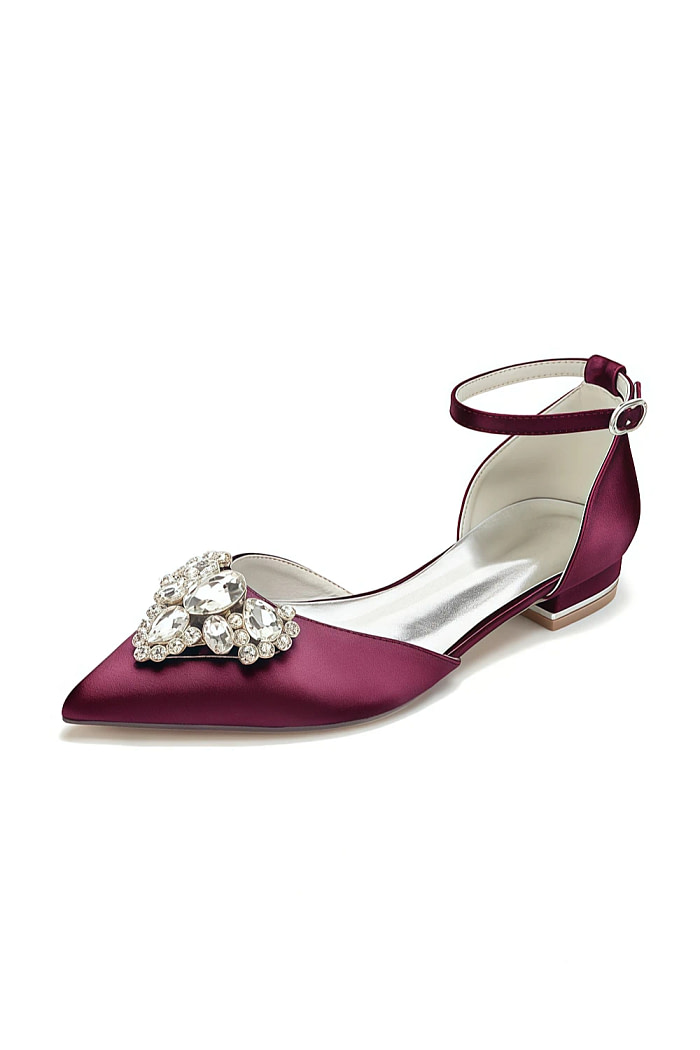 Akaks Ankle Strap Low Block Heels Vail Bridal Flats Burgundy Satin With Sparkling Rhinestone And Pointed Toe​​ Image780951