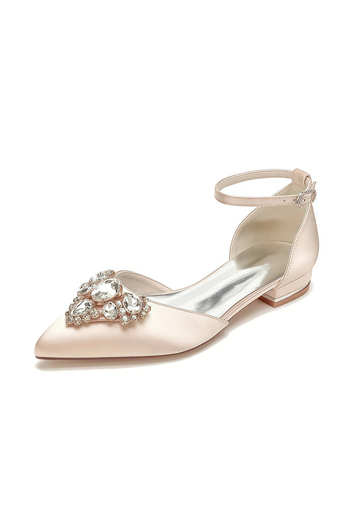 Akaks Ankle Strap Low Block Heels Vail Bridal Flats Champagne Satin With Sparkling Rhinestone And Pointed Toe​​ Image727866