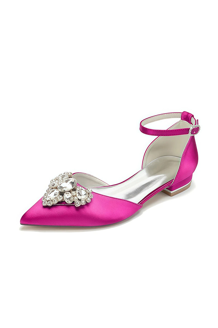 Akaks Ankle Strap Low Block Heels Vail Bridal Flats Fuchsia Satin With Sparkling Rhinestone And Pointed Toe​​ Image843552