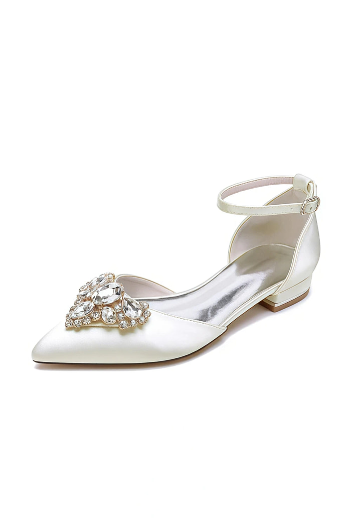 Akaks Ankle Strap Low Block Heels Vail Bridal Flats Ivory Satin With Sparkling Rhinestone And Pointed Toe​​ Image673544