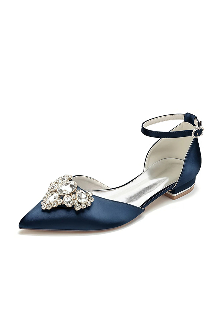 Akaks Ankle Strap Low Block Heels Vail Bridal Flats Navy Blue Satin With Sparkling Rhinestone And Pointed Toe Image530274